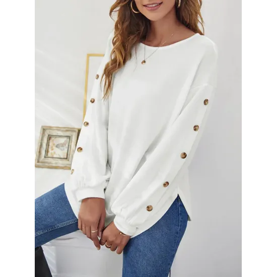 Simple Loose Long Sleeves Solid Color Round-Neck T-Shirts Tops Simple Loose Long Sleeves Solid Color Round-Neck T-Shirts Tops