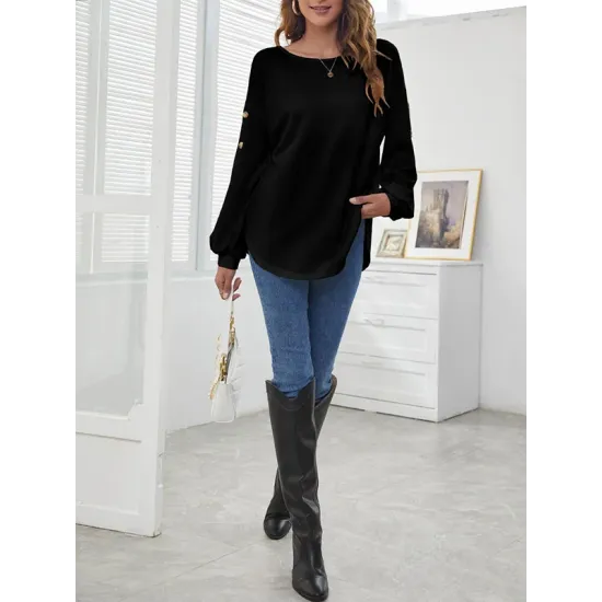 Simple Loose Long Sleeves Solid Color Round-Neck T-Shirts Tops Simple Loose Long Sleeves Solid Color Round-Neck T-Shirts Tops