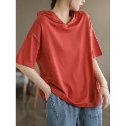 Hooded Solid Color Short Sleeves Hooded T-Shirts Tops