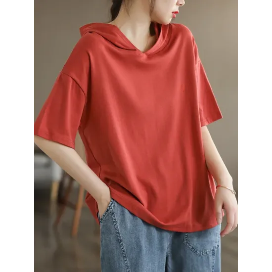 Hooded Solid Color Short Sleeves Hooded T-Shirts Tops Hooded Solid Color Short Sleeves Hooded T-Shirts Tops