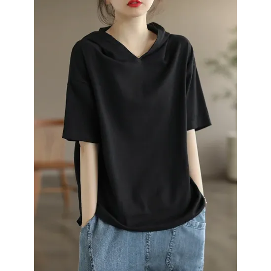 Hooded Solid Color Short Sleeves Hooded T-Shirts Tops Hooded Solid Color Short Sleeves Hooded T-Shirts Tops