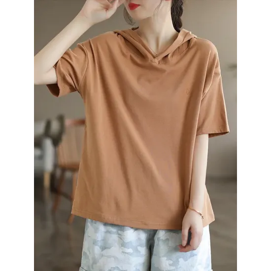 Hooded Solid Color Short Sleeves Hooded T-Shirts Tops Hooded Solid Color Short Sleeves Hooded T-Shirts Tops