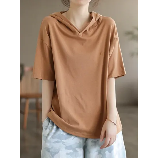 Hooded Solid Color Short Sleeves Hooded T-Shirts Tops Hooded Solid Color Short Sleeves Hooded T-Shirts Tops