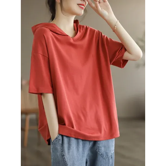 Hooded Solid Color Short Sleeves Hooded T-Shirts Tops Hooded Solid Color Short Sleeves Hooded T-Shirts Tops