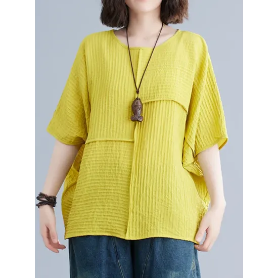 Solid Color Split-Joint Batwing Sleeves Loose Round-neck T-Shirts Tops