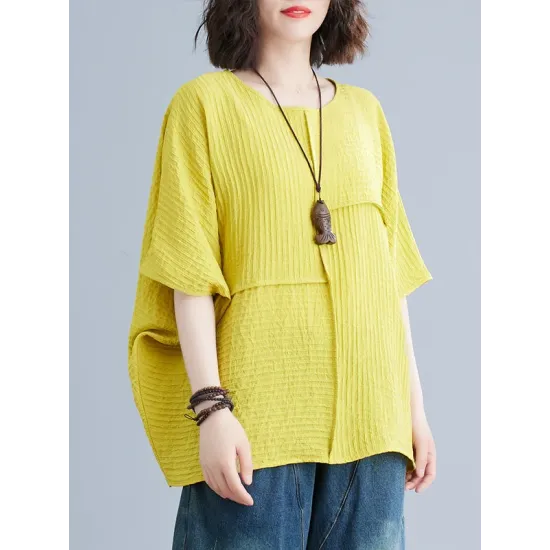 Solid Color Split-Joint Batwing Sleeves Loose Round-neck T-Shirts Tops