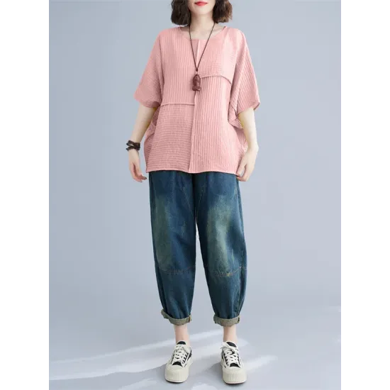 Solid Color Split-Joint Batwing Sleeves Loose Round-neck T-Shirts Tops
