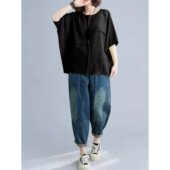 Solid Color Split-Joint Batwing Sleeves Loose Round-neck T-Shirts Tops
