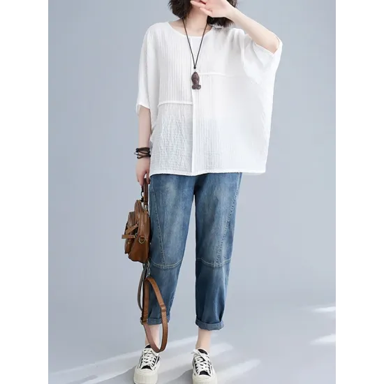 Solid Color Split-Joint Batwing Sleeves Loose Round-neck T-Shirts Tops