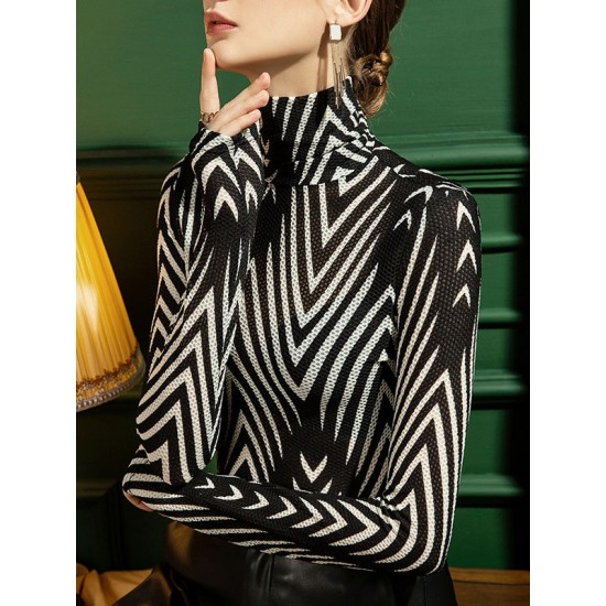 Striped Long Sleeves Skinny High-Neck T-Shirts Tops Striped Long Sleeves Skinny High-Neck T-Shirts Tops