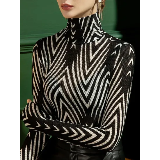 Striped Long Sleeves Skinny High-Neck T-Shirts Tops Striped Long Sleeves Skinny High-Neck T-Shirts Tops