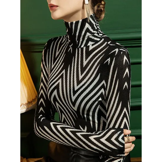 Striped Long Sleeves Skinny High-Neck T-Shirts Tops Striped Long Sleeves Skinny High-Neck T-Shirts Tops