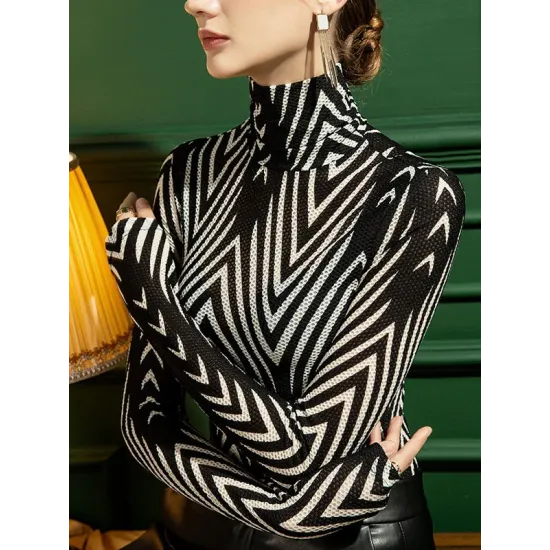 Striped Long Sleeves Skinny High-Neck T-Shirts Tops Striped Long Sleeves Skinny High-Neck T-Shirts Tops