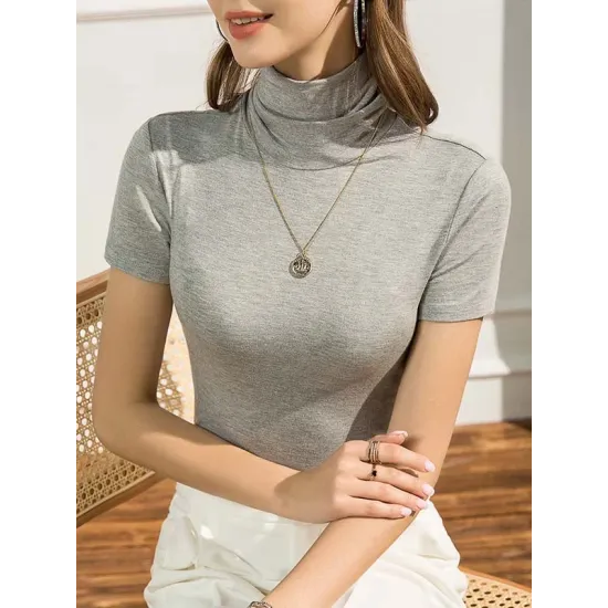 Casual Skinny Short Sleeves Solid Color High-Neck T-Shirts Tops Casual Skinny Short Sleeves Solid Color High-Neck T-Shirts Tops