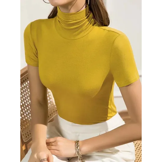 Casual Skinny Short Sleeves Solid Color High-Neck T-Shirts Tops Casual Skinny Short Sleeves Solid Color High-Neck T-Shirts Tops