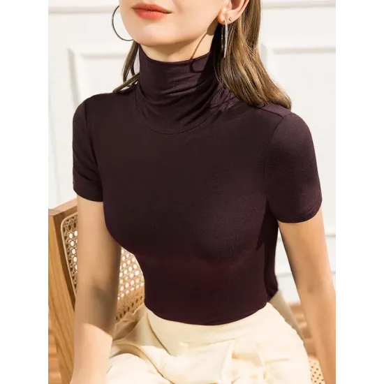 Casual Skinny Short Sleeves Solid Color High-Neck T-Shirts Tops Casual Skinny Short Sleeves Solid Color High-Neck T-Shirts Tops