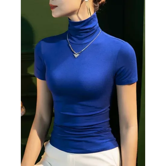 Casual Skinny Short Sleeves Solid Color High-Neck T-Shirts Tops Casual Skinny Short Sleeves Solid Color High-Neck T-Shirts Tops