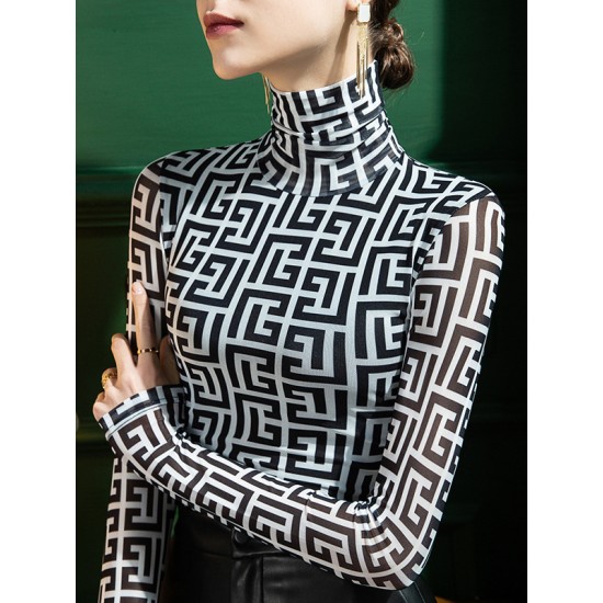 Gauze Printed Long Sleeves Skinny High-Neck T-Shirts Gauze Printed Long Sleeves Skinny High-Neck T-Shirts