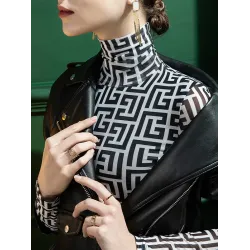 Gauze Printed Long Sleeves Skinny High-Neck T-Shirts