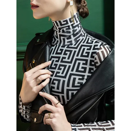 Gauze Printed Long Sleeves Skinny High-Neck T-Shirts Gauze Printed Long Sleeves Skinny High-Neck T-Shirts