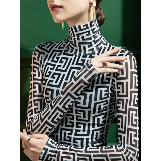 Gauze Printed Long Sleeves Skinny High-Neck T-Shirts Gauze Printed Long Sleeves Skinny High-Neck T-Shirts