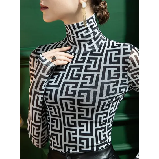 Gauze Printed Long Sleeves Skinny High-Neck T-Shirts Gauze Printed Long Sleeves Skinny High-Neck T-Shirts