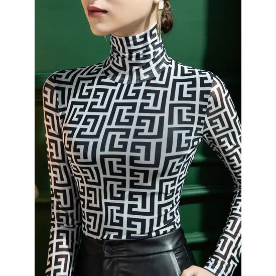 Gauze Printed Long Sleeves Skinny High-Neck T-Shirts Gauze Printed Long Sleeves Skinny High-Neck T-Shirts