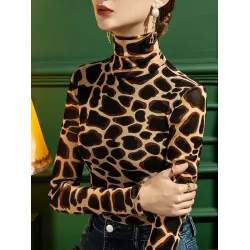 Leopard Long Sleeves Skinny High-neck T-Shirts Tops