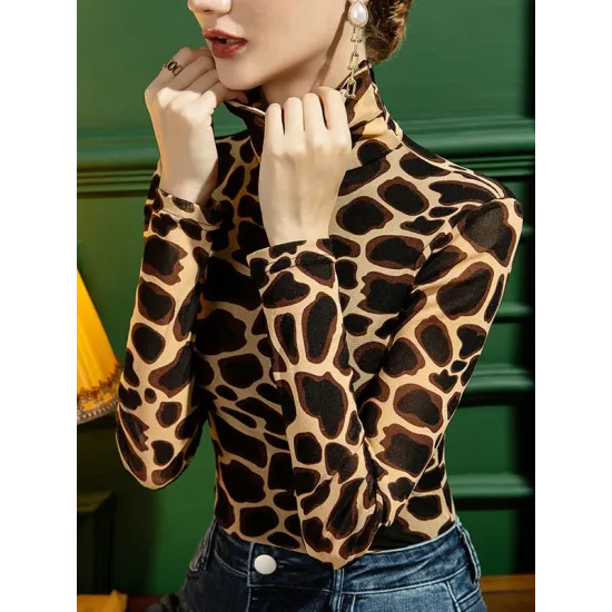 Leopard Long Sleeves Skinny High-neck T-Shirts Tops