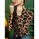 Leopard Long Sleeves Skinny High-neck T-Shirts Tops