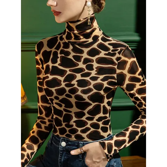 Leopard Long Sleeves Skinny High-neck T-Shirts Tops
