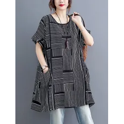 Striped Loose Short Sleeves Round-Neck T-Shirts