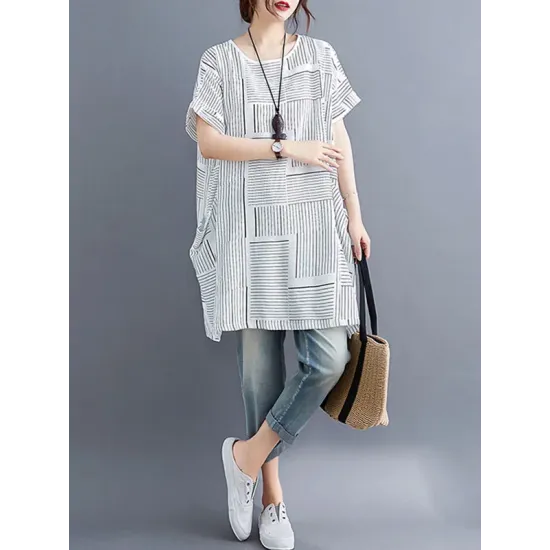 Striped Loose Short Sleeves Round-Neck T-Shirts Striped Loose Short Sleeves Round-Neck T-Shirts