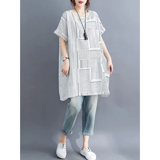 Striped Loose Short Sleeves Round-Neck T-Shirts Striped Loose Short Sleeves Round-Neck T-Shirts