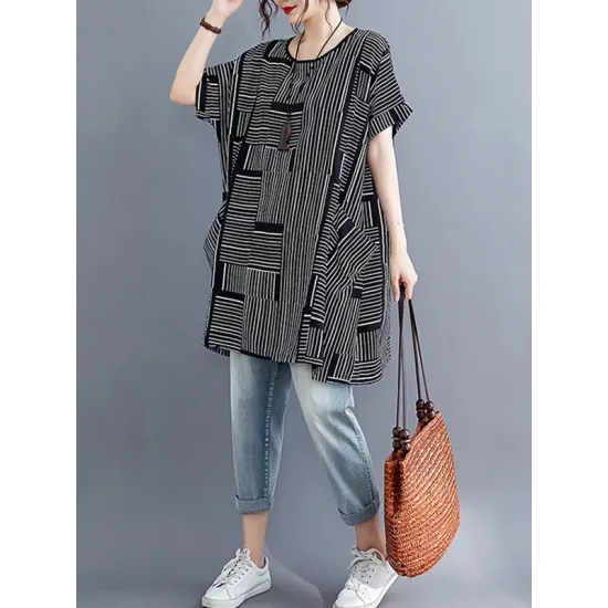 Striped Loose Short Sleeves Round-Neck T-Shirts Striped Loose Short Sleeves Round-Neck T-Shirts
