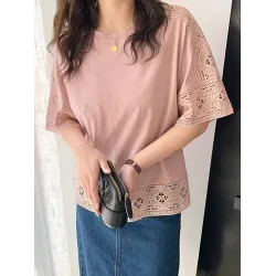 Hollow Solid Color Split-Joint Half Sleeves Loose Round-Neck T-Shirts
