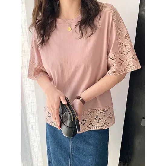 Hollow Solid Color Split-Joint Half Sleeves Loose Round-Neck T-Shirts Hollow Solid Color Split-Joint Half Sleeves Loose Round-Neck T-Shirts