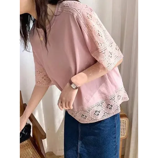 Hollow Solid Color Split-Joint Half Sleeves Loose Round-Neck T-Shirts Hollow Solid Color Split-Joint Half Sleeves Loose Round-Neck T-Shirts