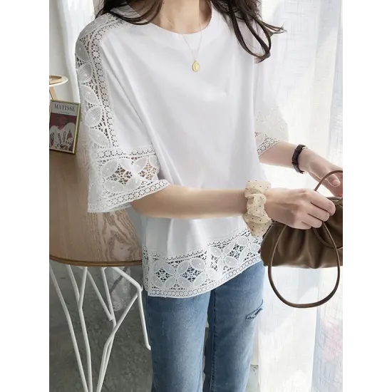 Hollow Solid Color Split-Joint Half Sleeves Loose Round-Neck T-Shirts Hollow Solid Color Split-Joint Half Sleeves Loose Round-Neck T-Shirts