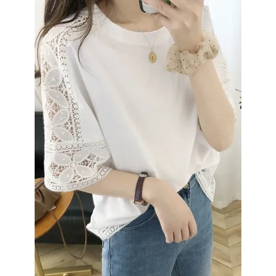 Hollow Solid Color Split-Joint Half Sleeves Loose Round-Neck T-Shirts Hollow Solid Color Split-Joint Half Sleeves Loose Round-Neck T-Shirts