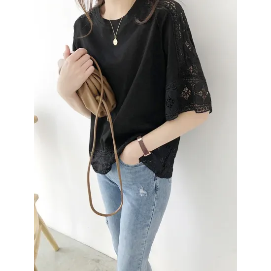 Hollow Solid Color Split-Joint Half Sleeves Loose Round-Neck T-Shirts Hollow Solid Color Split-Joint Half Sleeves Loose Round-Neck T-Shirts