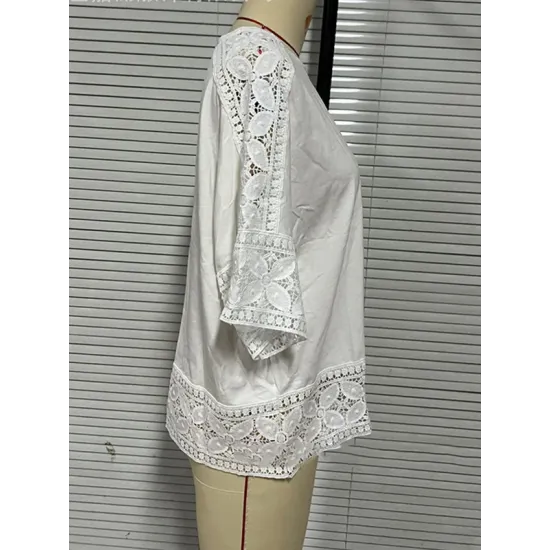 Hollow Solid Color Split-Joint Half Sleeves Loose Round-Neck T-Shirts Hollow Solid Color Split-Joint Half Sleeves Loose Round-Neck T-Shirts