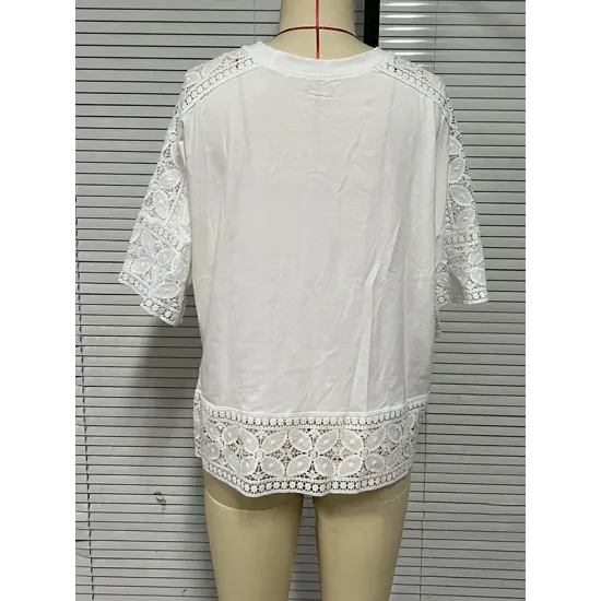 Hollow Solid Color Split-Joint Half Sleeves Loose Round-Neck T-Shirts Hollow Solid Color Split-Joint Half Sleeves Loose Round-Neck T-Shirts