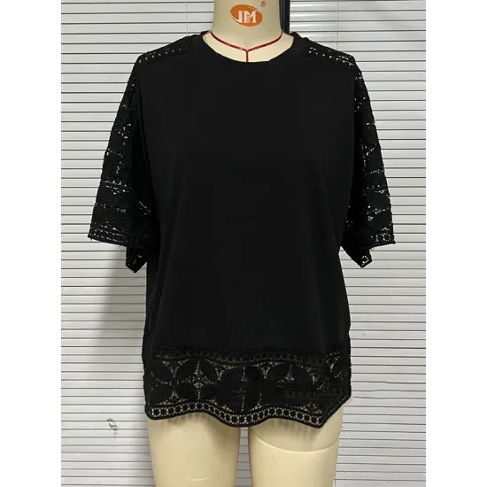 Hollow Solid Color Split-Joint Half Sleeves Loose Round-Neck T-Shirts Hollow Solid Color Split-Joint Half Sleeves Loose Round-Neck T-Shirts