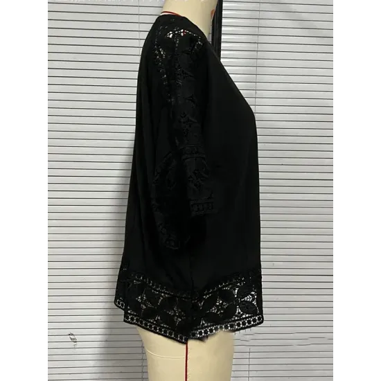 Hollow Solid Color Split-Joint Half Sleeves Loose Round-Neck T-Shirts Hollow Solid Color Split-Joint Half Sleeves Loose Round-Neck T-Shirts