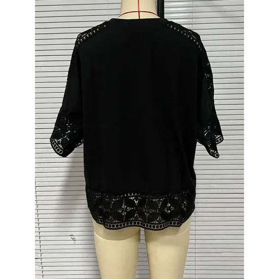 Hollow Solid Color Split-Joint Half Sleeves Loose Round-Neck T-Shirts Hollow Solid Color Split-Joint Half Sleeves Loose Round-Neck T-Shirts