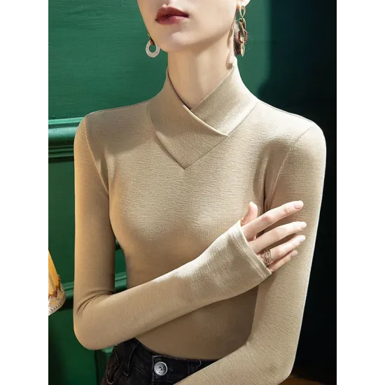 Solid Color Long Sleeves Skinny V-neck T-Shirts Tops Solid Color Long Sleeves Skinny V-neck T-Shirts Tops
