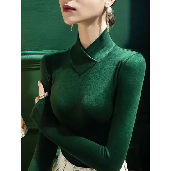 Solid Color Long Sleeves Skinny V-neck T-Shirts Tops Solid Color Long Sleeves Skinny V-neck T-Shirts Tops