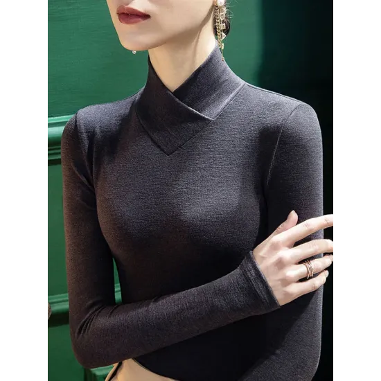 Solid Color Long Sleeves Skinny V-neck T-Shirts Tops Solid Color Long Sleeves Skinny V-neck T-Shirts Tops