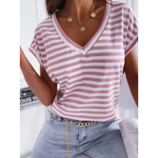 Casual Loose Striped V-Neck T-Shirts Tops Casual Loose Striped V-Neck T-Shirts Tops